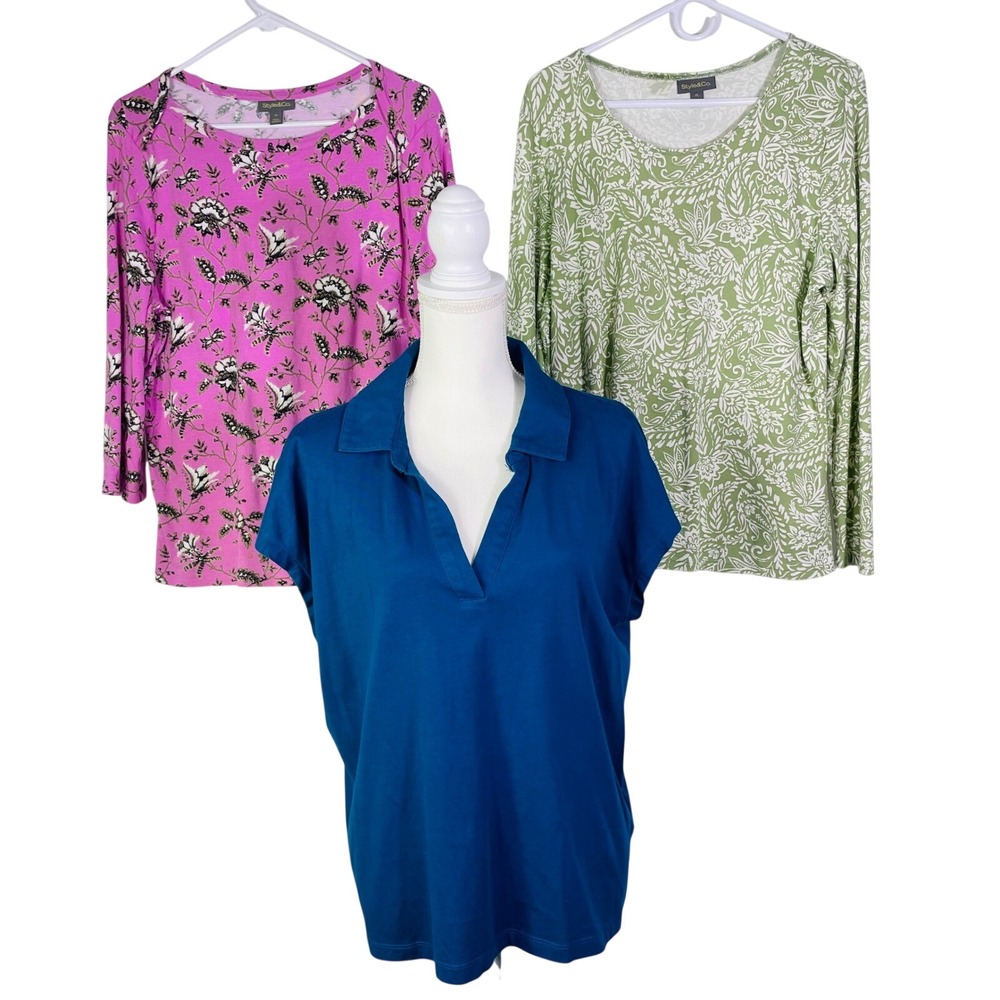 Lot of 3 Lands' End Style & Co Shirt Top Women's XL Pink Floral Green Teal Polo
